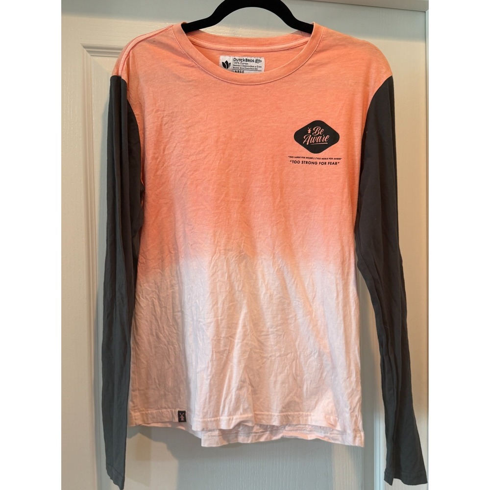 Dutch Bros Coffee T Shirt Womens L Pink Ombre Long Sleeve Graphic Tee Too Strong